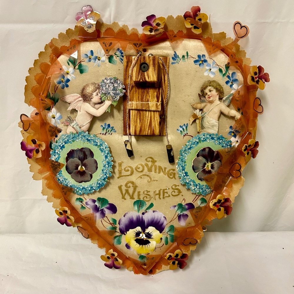 Rare Large 12" Satin Heart Victorian Valentine * Cupids Pansies * Loving Wishes